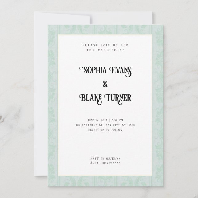 Elegant Green Damask Traditionelle weiße Hochzeit Einladung (Vorderseite)