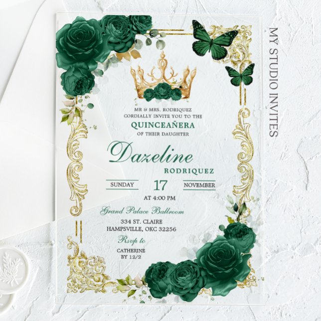 Elegant Green Emerald Crown Quinceanera Acryleinladungen (Von Creator hochgeladen)