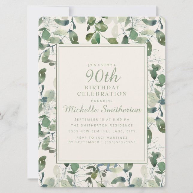 Elegant Green Eucalyptus Blätter 90. Geburtstag Einladung (Vorderseite)