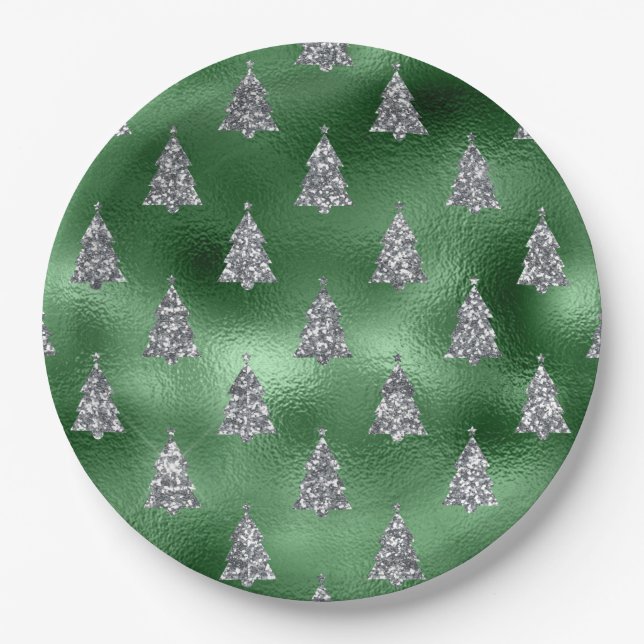 Elegant Green & Faux Silver Trees Christmas  Pappteller (Vorderseite)