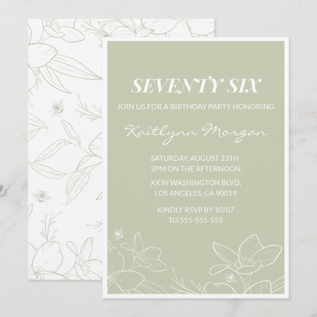 Elégant Green Floral 76e anniversaire invitations (Devant / Derrière)