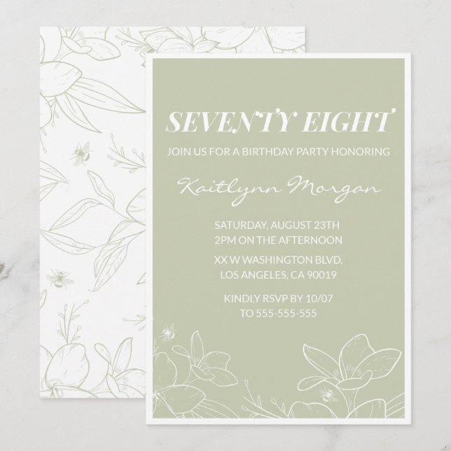 Elégant Green Floral 78e anniversaire invitations (Devant / Derrière)