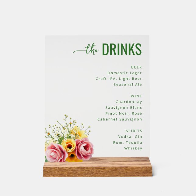 Elegant Green Floral Beverage Menu Acrylschild (Vorderseite)