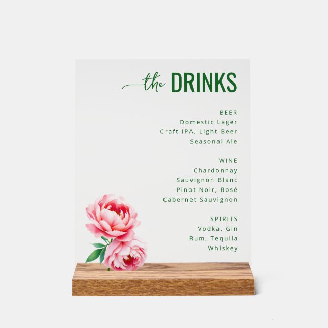 Elegant Green Floral Beverage Menu Acrylschild (Vorderseite)