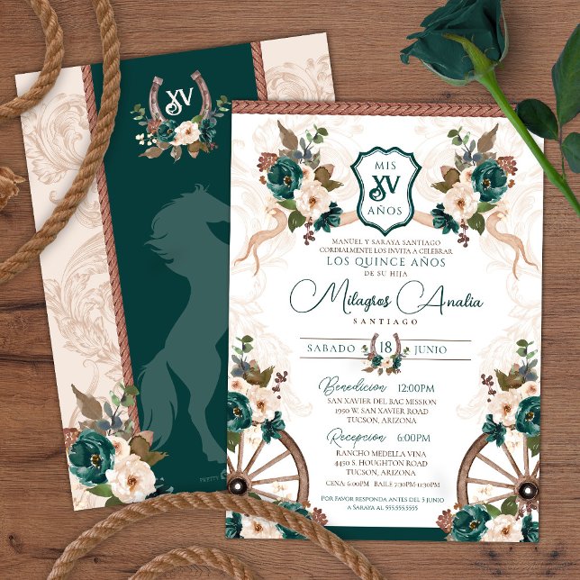 Elegant Green Floral Charro Western Quinceanera Einladung (Von Creator hochgeladen)