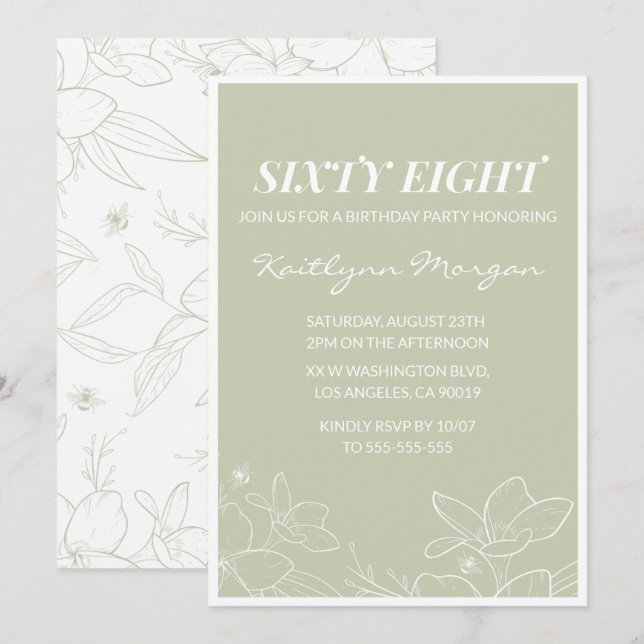 Elégant Green Floral invitations à 68e anniversair (Devant / Derrière)