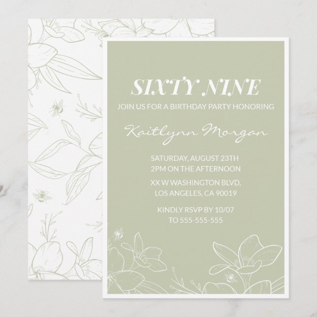 Elégant Green Floral invitations à 69e anniversair (Devant / Derrière)