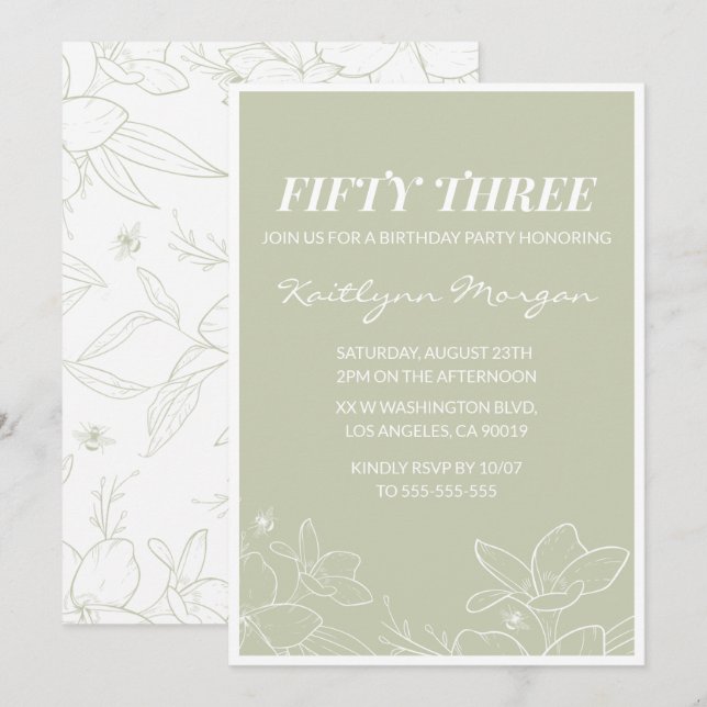 Elégant Green Floral invitations de 53e anniversai (Devant / Derrière)