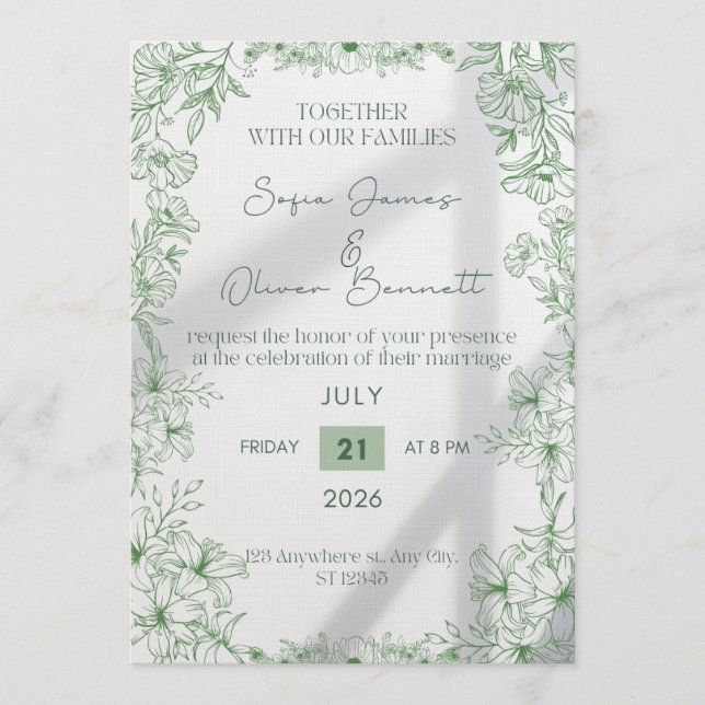 Elegant Green Floral Line Art Wedding Invitation  (Devant)