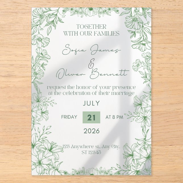 Elegant Green Floral Line Art Wedding Invitation  (Recto)
