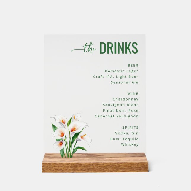 Elegant Green Floral Wedding Menu Acrylschild (Vorderseite)