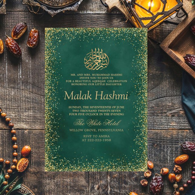 Elegant Green Gliter Baby Islamic Aqiqa Einladung (Von Creator hochgeladen)