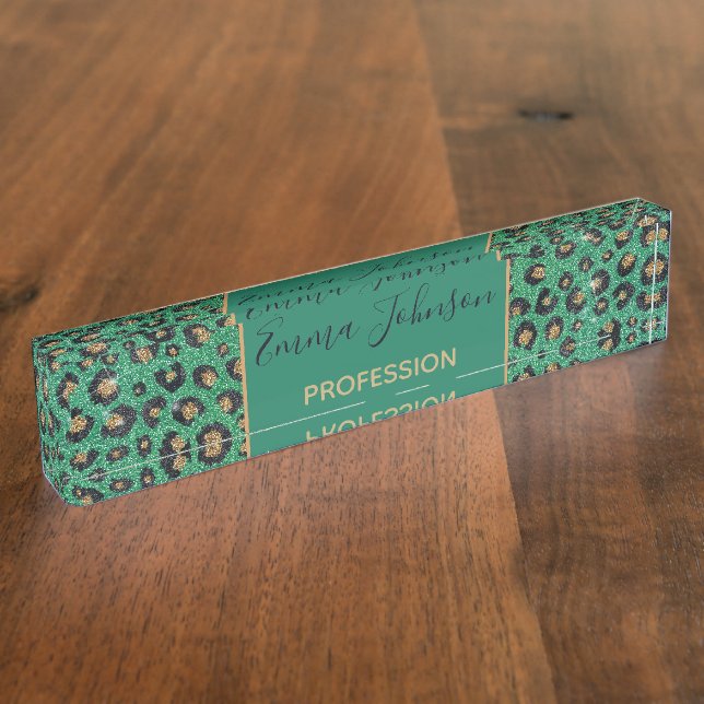 Elegant Green Glitter Black Gold Leopard Namensplakette (Seite)