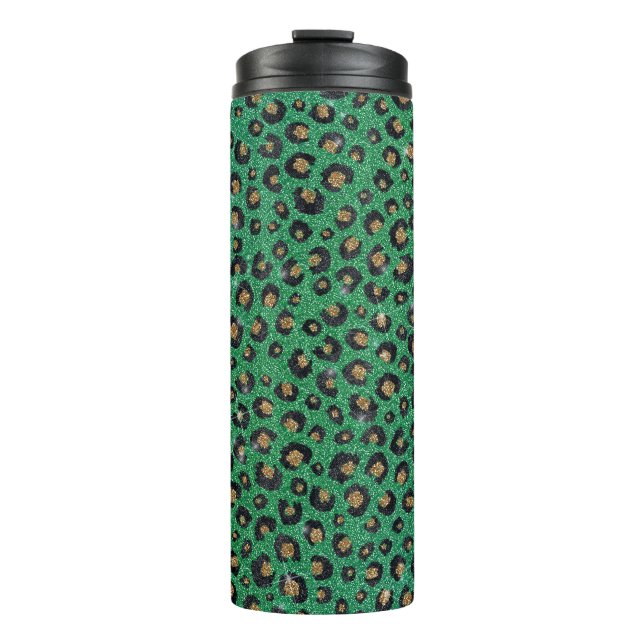Elegant Green Glitter Black Gold Leopard Thermosbecher (Vorderseite)