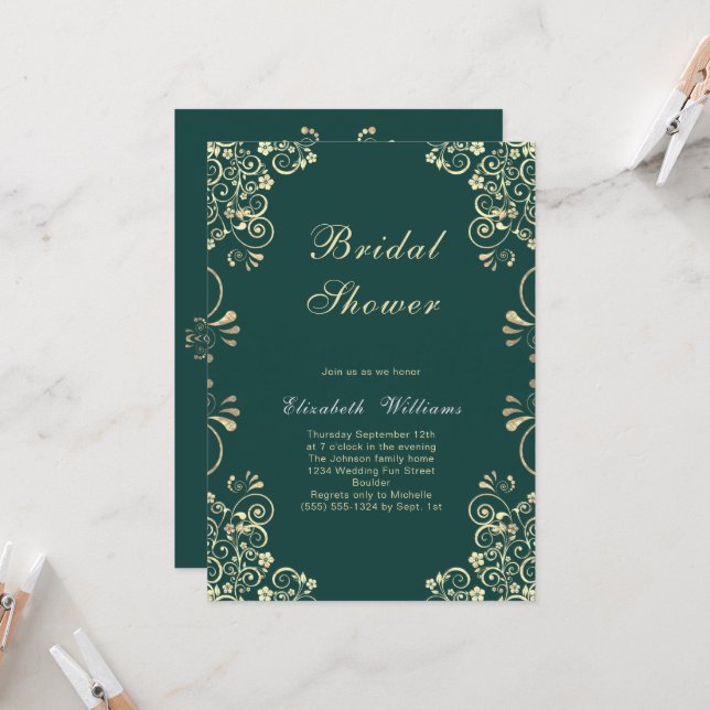Elégant Green Gold Bridal Shower Invitation (Devant/Arrière en situation)