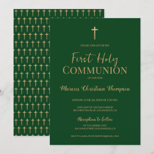 Elegant Green Gold Cross Boy Erste heilige Gemeind Einladung