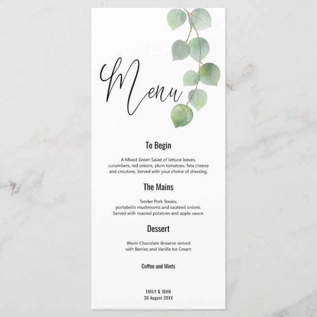 Elegant Green Gold Eucalyptus Leaf Script Hochzeit Menükarte (Vorderseite)