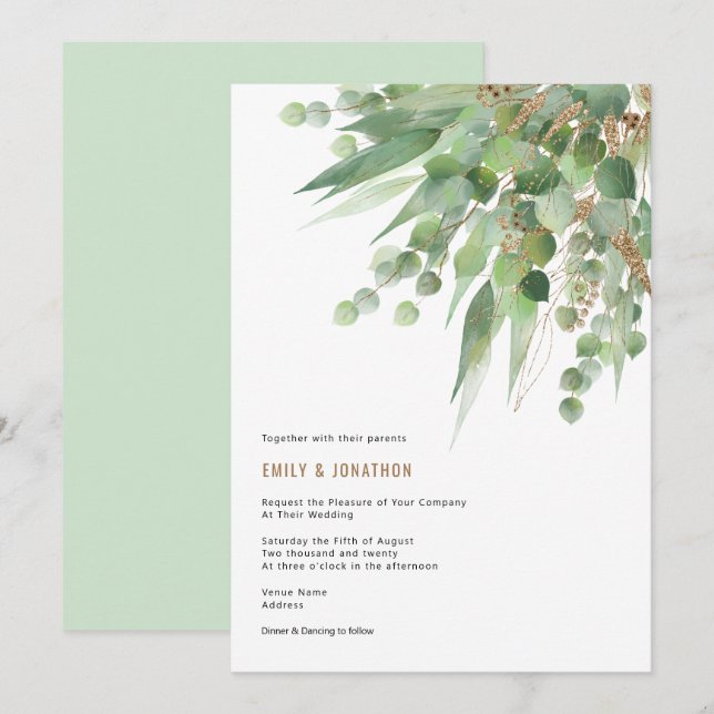 Elegant Green Gold Eucalyptus Leaf Wedding Einladung (Vorne/Hinten)
