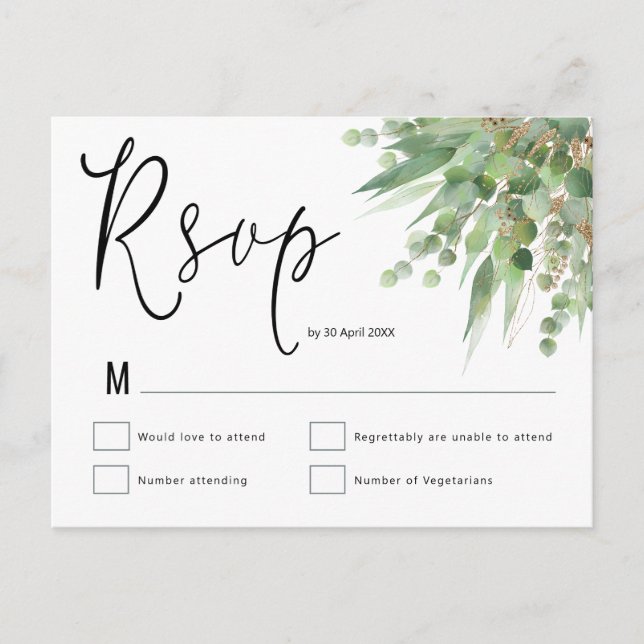 Elegant Green Gold Eucalyptus Script Wedding RSVP Postkarte (Vorderseite)