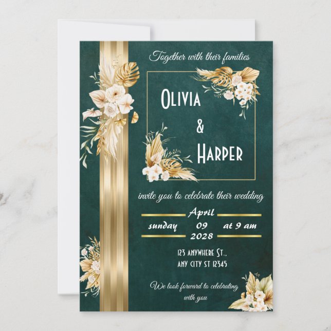 Elégant Green & Gold Floral Invitation (Devant)