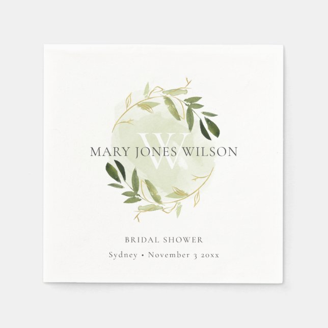 ELEGANT GREEN GOLD FOLIAGE WREATH BRAUTPARTY SERVIETTE (Vorderseite)