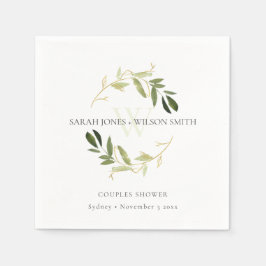 ELEGANT GREEN GOLD FOLIAGE WREATH COUPLES SHOWER SERVIETTE