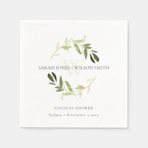 ELEGANT GREEN GOLD FOLIAGE WREATH COUPLES SHOWER SERVIETTE