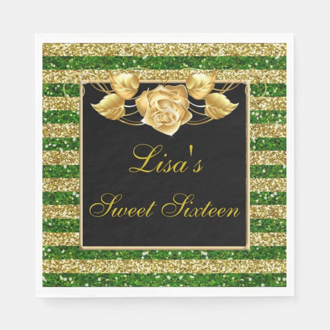 Elegant Green Gold Glitzer Gold Rose Sweet 16 Serviette (Vorderseite)