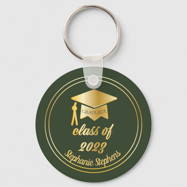 Elegant Green | Gold Graduate Cap Abschluss Keych Schlüsselanhänger (Vorderseite)
