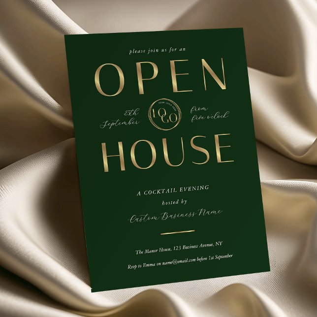 Elegant Green & Gold Logo Business Open House Einladung (Von Creator hochgeladen)