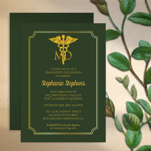 Elegant Green   Gold MD Physician Graduation Party Einladung