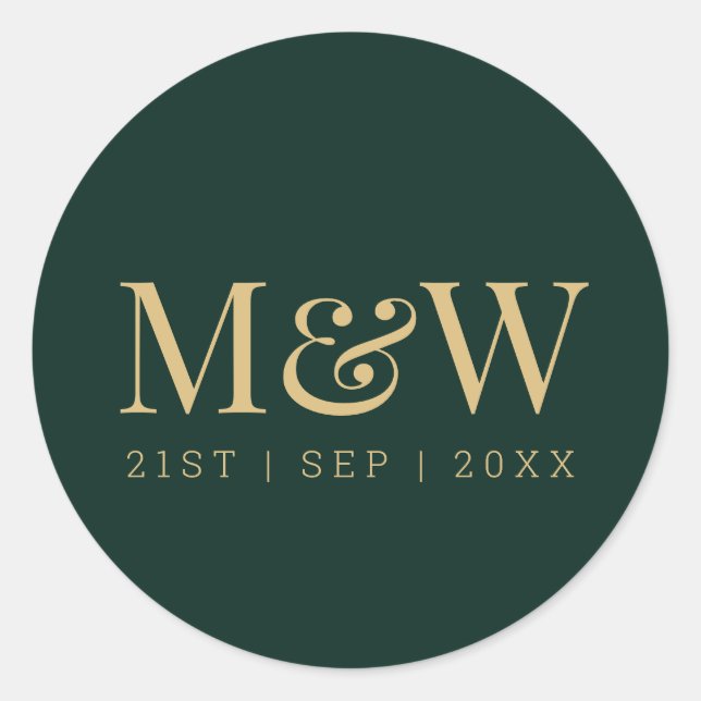 Elegant Green Gold Monogram Wedding Classic Round Runder Aufkleber (Vorderseite)