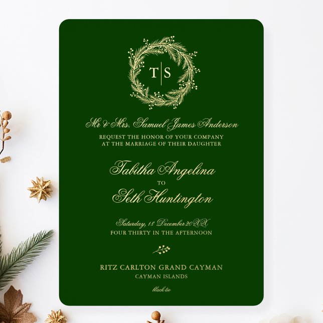 Elegant Green Gold Monogram Wedding Folieneinladung (Von Creator hochgeladen)