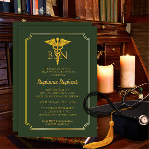 Elegant Green   Gold Nurse BSN Graduation Party Einladung