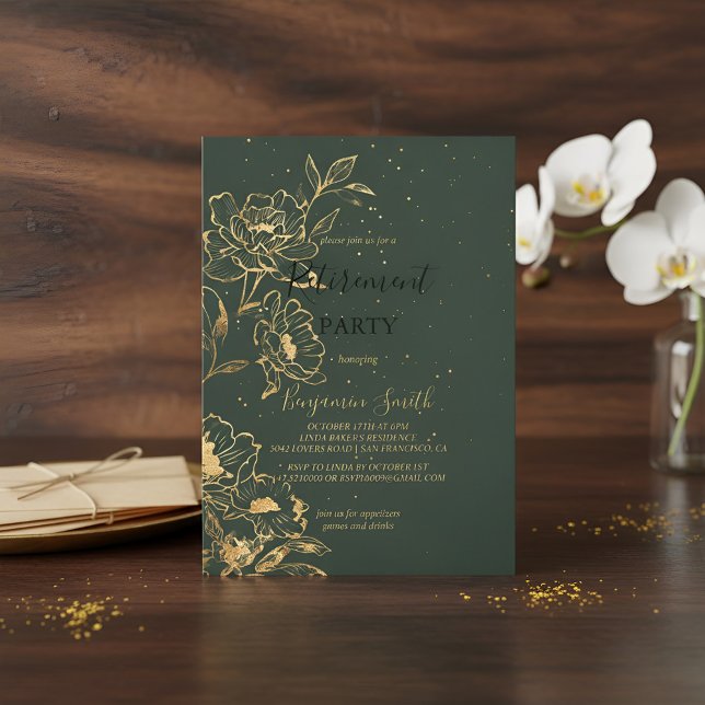 Elegant Green Gold Retirement Party Invitation Flo Einladung (Von Creator hochgeladen)