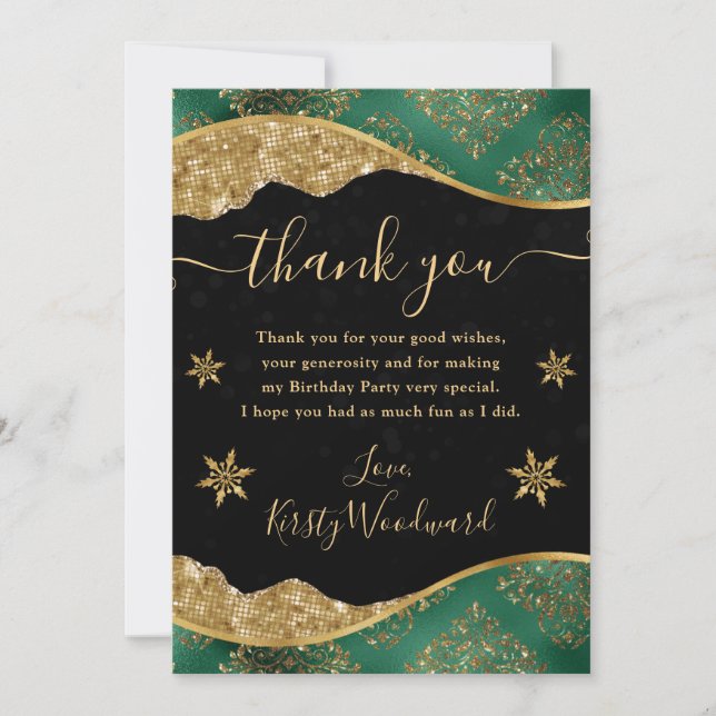 Elegant Green & Gold Snowflake Birthday Dankeskarte (Vorderseite)