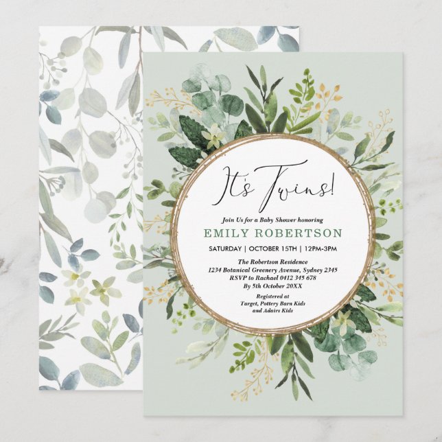 Elegant Green Gold Twins Greenery Baby Shower Einladung (Vorne/Hinten)