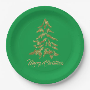 Elegant Green Golden Tree Frohe Weihnachten Pappteller