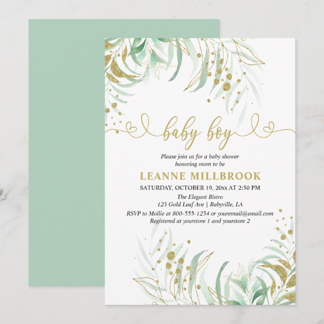 Elegant Green Green and Gold Boy Baby Shower Einladung (Vorne/Hinten)
