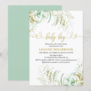 Elegant Green Green and Gold Boy Baby Shower Einladung