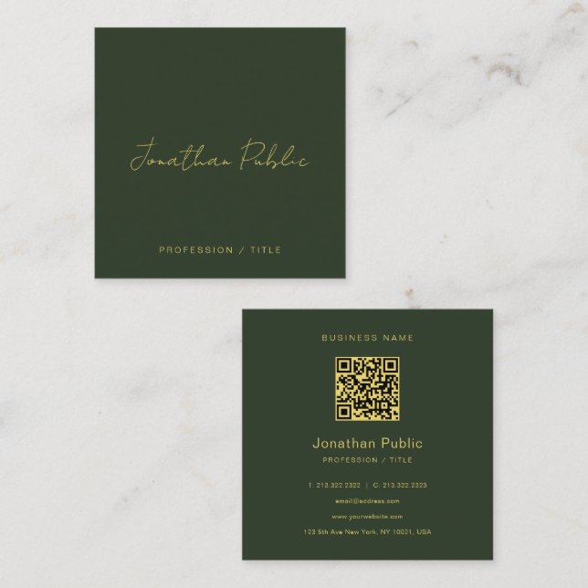 Elegant Green Handwritten Script Gold Text QR Code Quadratische Visitenkarte (Vorne/Hinten)