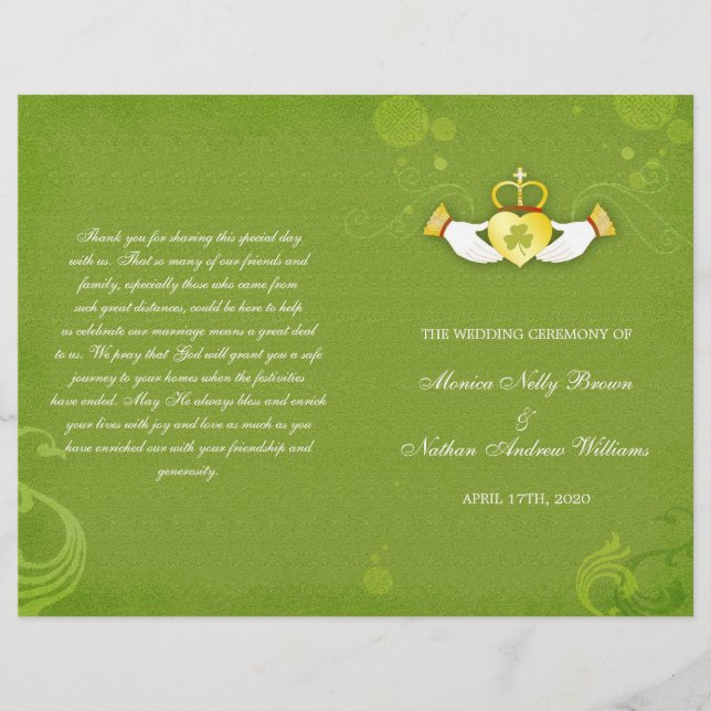 Élégant Green Irish Bi Fold Wedding Programmes (Devant)