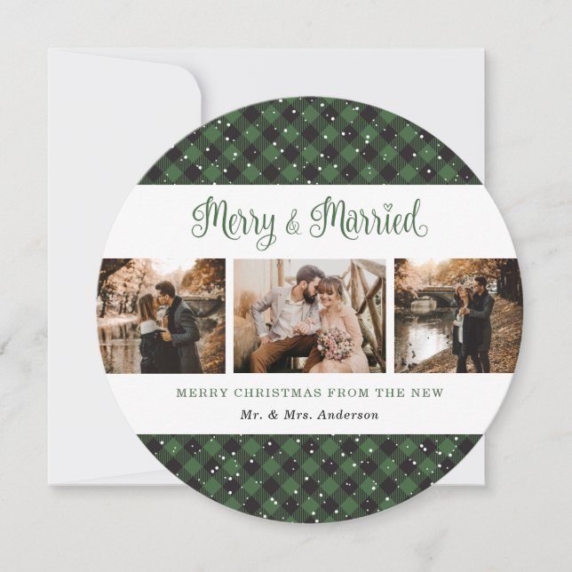 Elegant Green Kariert Newlyweds Weihnachtskarten Feiertagskarte (Vorderseite)