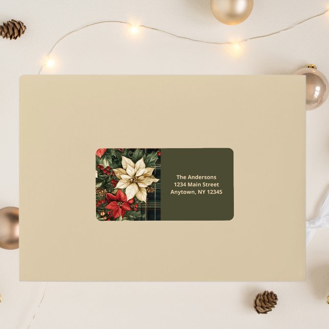 Elegant Green Kariert Poinsettias Weihnachtsanspra Adressaufkleber (Von Creator hochgeladen)