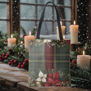 Elegant Green Kariert & Red Poinsettia Weihnachten Tasche