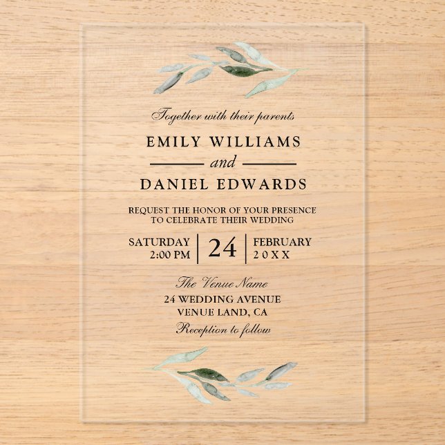 Elegant Green Leaf Wedding Acryleinladungen (Vorderseite)
