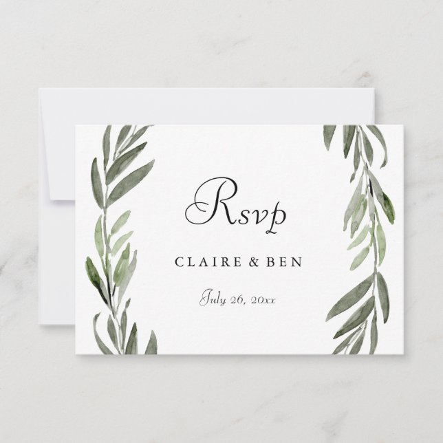 Elegant Green Leaf Wreath Wedding RSVP Karte (Vorderseite)