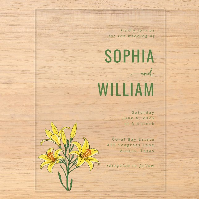 Elegant Green Lily Wedding Invitation Acryleinladungen (Vorderseite)