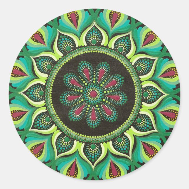 Elegant Green Mandala | Bohemisch Zen Minimalistis Runder Aufkleber (Vorderseite)