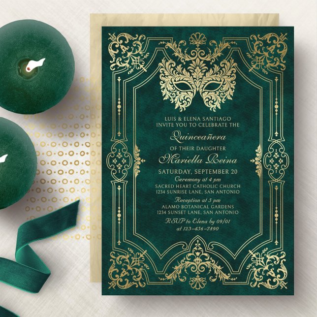 Elegant Green Masquerade Maske Quinceanera Einladung (Von Creator hochgeladen)